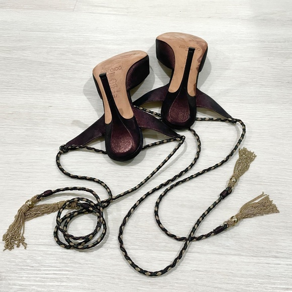 JIMMY CHOO: Bronze metallic, braided ankle-wrap, stiletto, gold tassel. Size 37 - Picture 5 of 7